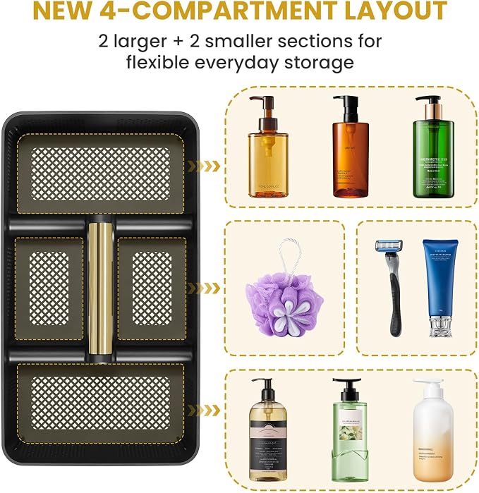 BYUNER Portable Cleaning & Shower Caddy with Handle: Rigid Plastic Basket with 4 Divided Compartments, All-Side Drainage for College Dorm, Bathroom & Utility Use, Black/Gold