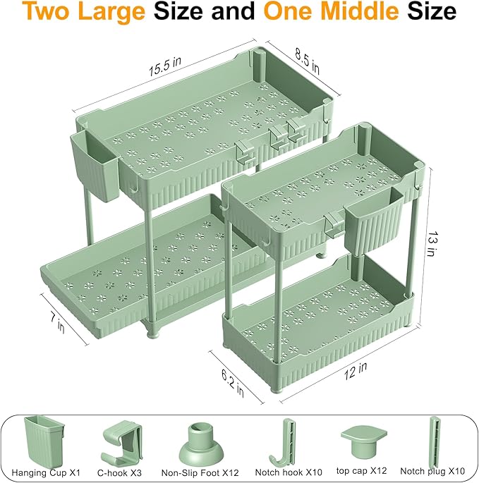 Sevenblue 3 Pack Under Sink Organizers,2-Tier Multi-Use Kitchen and Bathroom Organizers and Storage with Sliding Drawers,Bathroom Cabinet Organizer (Green, 12.8 Inch)