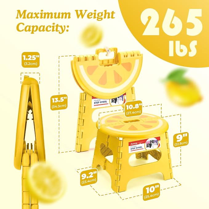 ACSTEP Folding Step Stool 9 Inch, Sturdy Collapsible Step Stool Foldable Up to 265 lb for Kids Toddlers & Adults, Non Slip Foot Stools with Handle for Kitchen, Bathroom, Bedroom, Outdoor, Lemon Yellow