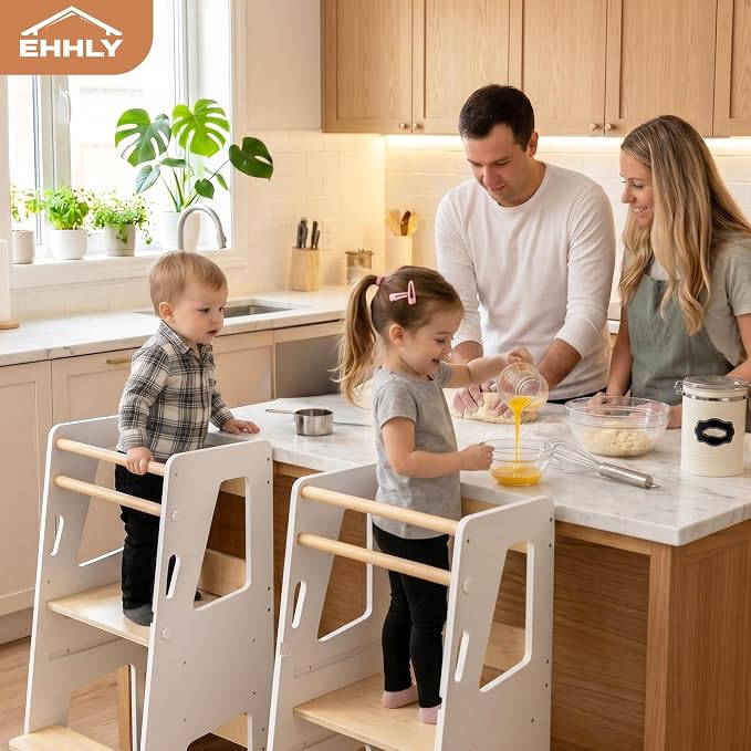 EHHLY Toddler Standing Tower Kitchen Helper – Extra Safe Adjustable 3-Level Learning Tower, Stable Wooden Toddler Kitchen Stool and Step Stool for Independent Learning (White)