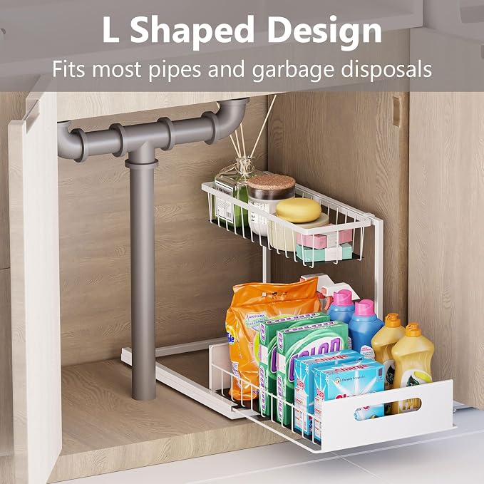 Ceetug Under Sink Organizers and Storage 2 Tier Slide Out Kitchen Cabinet Organizer Sturdy Metal Bathroom Storage (White, 2 Pack)
