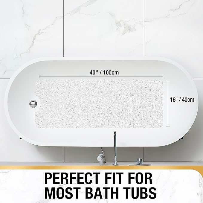 HITSLAM Non Slip Bathtub Mat 40 x 16 Inch, Extra Long Bath Mat for Tub, Soft PVC Loofah Shower Floor Mat with Drain, Quick Drying Bathroom Tub Mat for Wet Area, Without Suction Cup, White