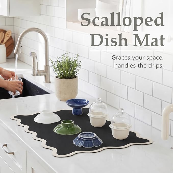 Scalloped Dish Drying Mat for Kitchen Counter, Absorbent Easy Clean Non-slip Coffee Bar Station Accessories, Trendy Cute Aesthetic Modern Drainer Kitchen Drying Mat, Black 12" x 19"