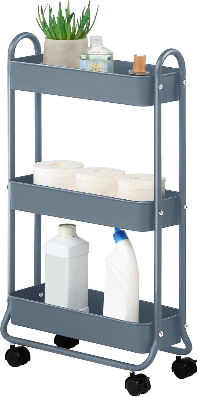SunnyPoint Slim Rolling Storage Cart, 3 Tier Bathroom Storage Organizer Bathroom, Laundry Utility Cart (Blue)