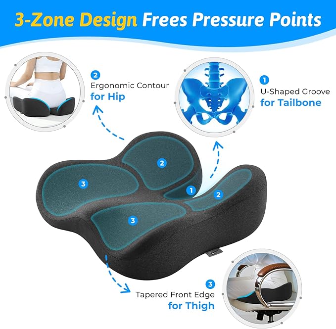Seat Cushion for Tailbone & Sciatica Pain Relief – Certified & Ergonomist-Designed – Tapered Front Edge Reduces Thigh Pressure – Wide Memory Foam for Office Chair, Car, Wheelchair (Gray)
