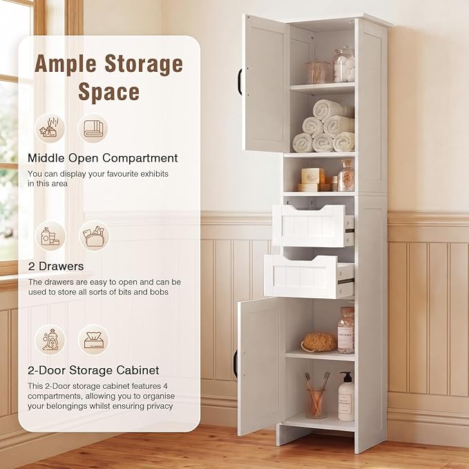 GRUSIGN 67" Tall Bathroom Storage Cabinet, Narrow Bathroom Cabinet with 2 Doors, 2 Drawers and 2 Adjustable Shelves, Slim Storage Cabinets for Kitchen, Living Room, Entryway, White