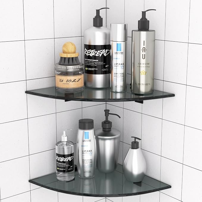 Bakzon 2-Pack Glass Shelf Shower Caddie, Shower Shelves for Inside Shower, Drilling Free Adhesive Wall Mounted Bathroom Organizer Shelves with Aluminium Brackets, Black