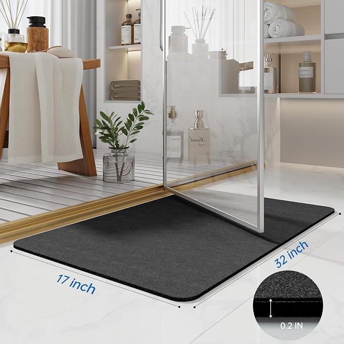 Bath Mat Rugs 32x17 - Diatomaceous Earth Bath Mats Quick Dry Absorbing Bathroom Rugs Rubber Non Slip Thin Bathroom Mat Fit Under Door, Dark Grey