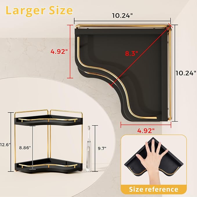 2-Tier Corner Bathroom Counter Organizer with Embedded Screw Holes, Secure & Stable Wood Vanity Shelf for Makeup and Skincare Essentials - Space Saving Bathroom Countertop Storage, Black Gold