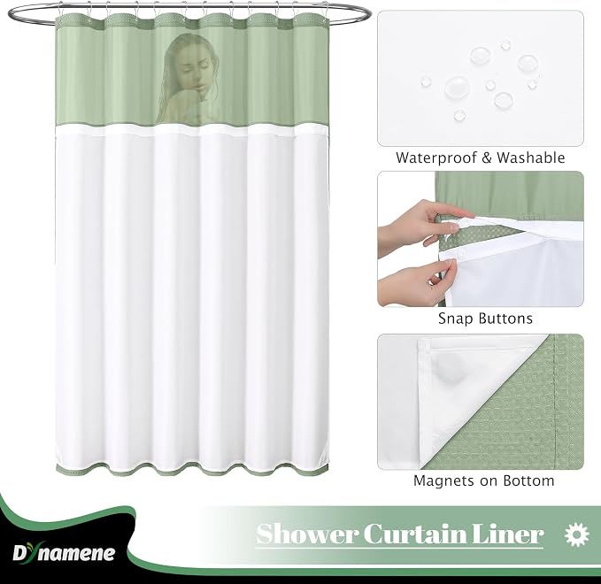 Dynamene Extra Long Shower Curtain, 84 Inch Long Waffle Fabric Shower Curtain for Bathroom, Tall Waterproof Cloth Shower Curtain Liner Set with Hook, Snap in Liner, Mesh Top Window, Sage Green, 72x84