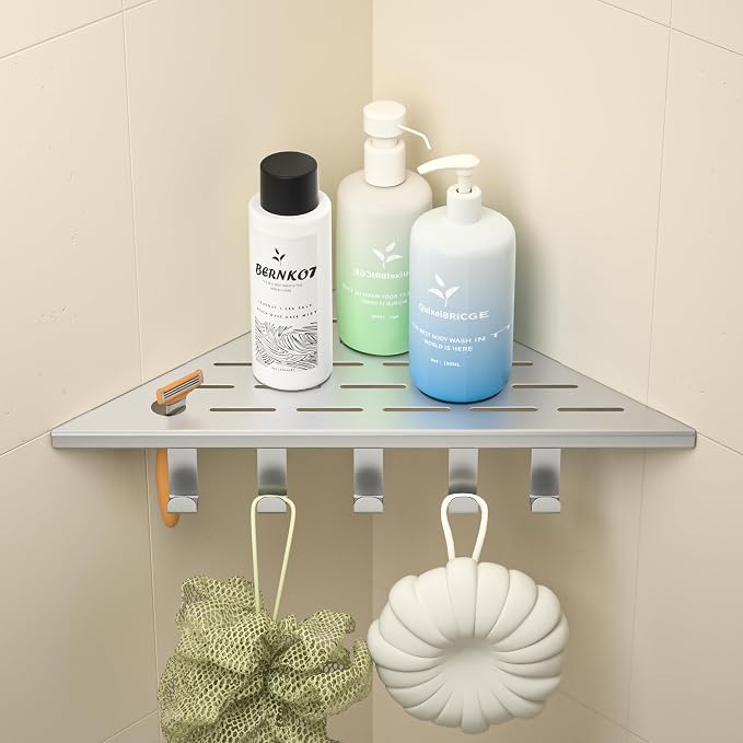 Corner Shower Shelf w/Hooks, Grout in Bathroom Shelves for Tiled Wall, 304 Stainless Steel Recessed Shower Shelf (Brushed, 12''-1pc)