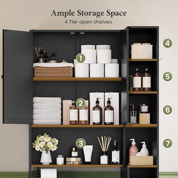 7-Tier L-Shaped Over the Toilet Storage Cabinet with Doors, 2 Large Drawers, Tissue Holder & Towel Holder, Bathroom Over Toilet Storage Cabinet with Adjustable Shelf for Bathroom, Black