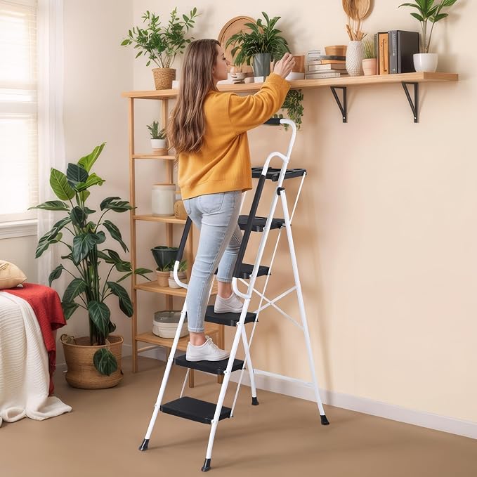 ZENY 5 Step Ladder, Step Stool Foldable with Anti-Slip Pedal & Comfortable Handrail, Sturdy Steel Ladder, Protable Heavy Duty Step Stool for Kitchen, Garage & Outdoor Use (White)