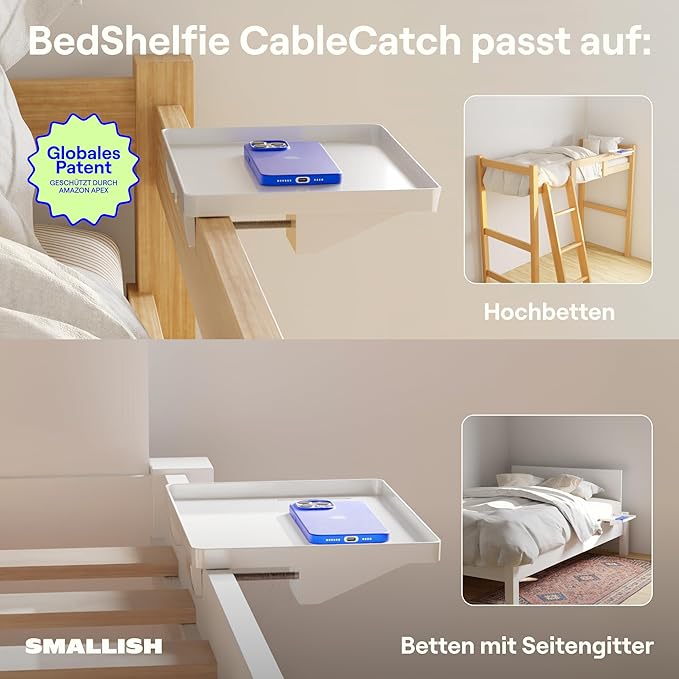 BedShelfie Bedside Shelf for Dorm Room Bunk Bed & Top Bunk, College Dorm Room Essentials, Bedside Caddy, Clip on Floating Desk Tray, Bed Side Table Storage, Loft Nightstand Decor - Cable Catch, White