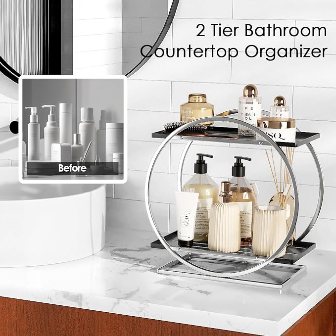 Bathroom Counter Organizer, Silver Black Perfume Organizer for Dresser, 2-Tier Bathroom Organizers and Storage, Exquisite Makeup Organizer Countertop Vanity Tray for Perfume Cosmetic Skincare