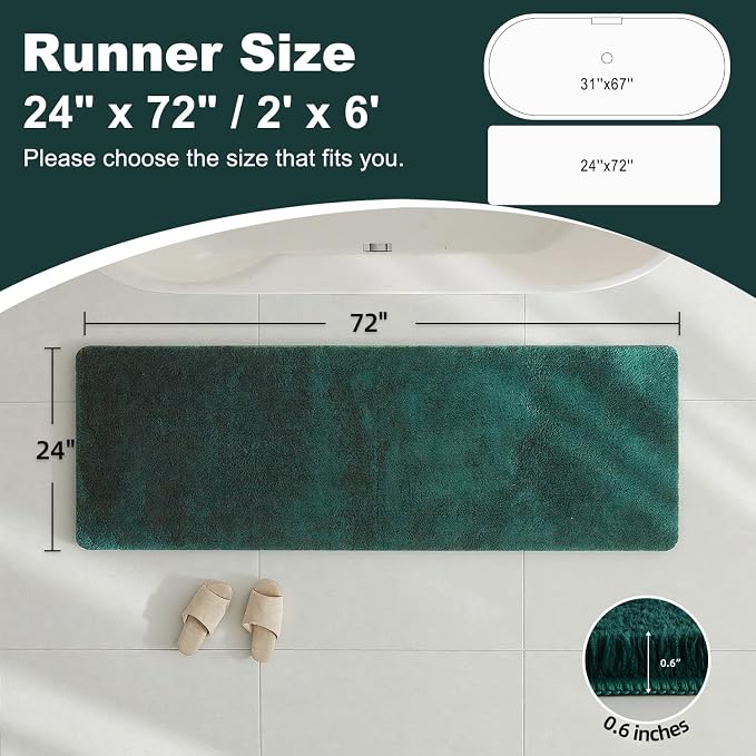 TYUU Bathroom Runner Rug, Ultra Soft Long Bath Mat Super Absorbent Quick Dry Bathroom Runner Rugs 24 x 72 Non Slip Washable, Dark Green 24" x 72"