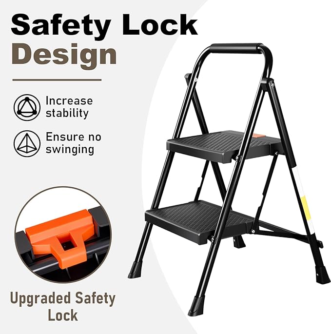Valeo 2 Step Ladder, 2 Step Ladder for Adults with with Safe-Lock Design, Wide Anti-Slip Pedal, 500lbs Sturdy Steel Ladder, Step Stool Foldable with Cushioned Handle,Black