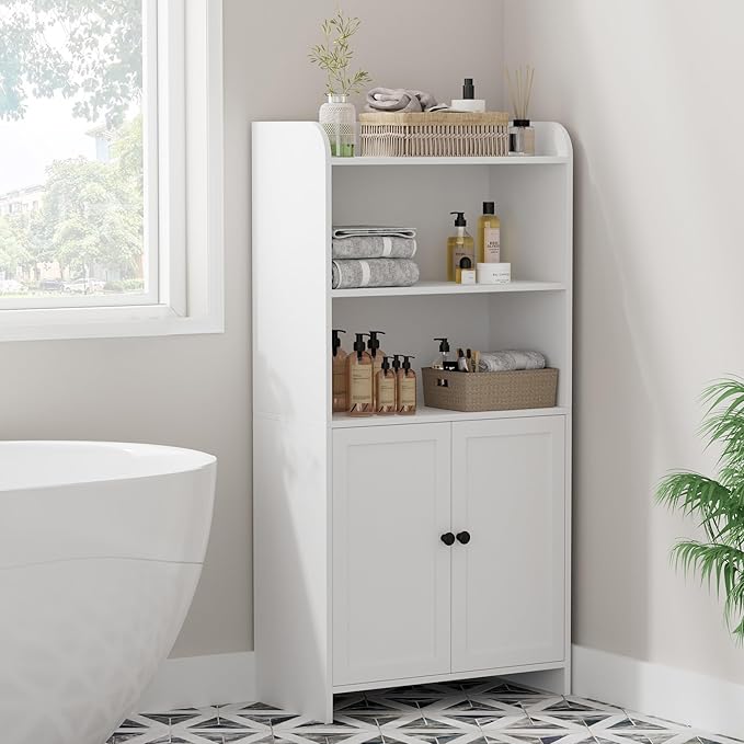 Homhedy Small Bathroom Storage Cabinet, Freestanding Toilet Paper Storage with 2 Doors and Shelves, Bathroom Organizers and Storage for Small Spaces, Laundry Room, 9.8" D x 19.7" W x 39.9" H, White
