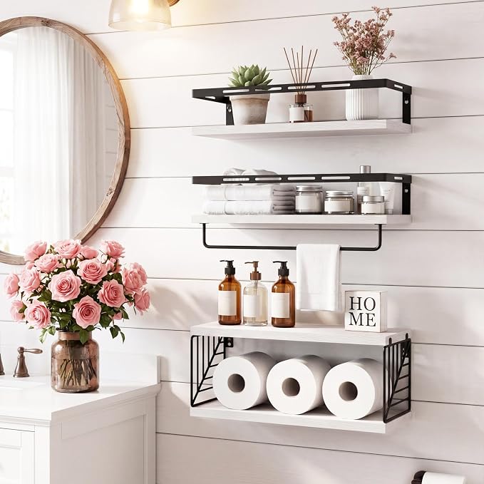 Fixwal Wall Mounted Bathroom Shelves Over Toilet, Rustic Wood Floating Shelves with Metal Frame and Towel Bar for Bathroom, Kitchen, Bedroom, Living Room (3 Plus 1 White)