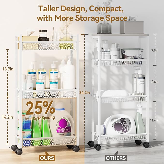 YASONIC Slim Rolling Storage Cart, Metal 3 Tier Bathroom Storage Organizer Laundry Room Utility Cart for Kitchen, Bthroom, Makeup, Craft, Laundry Narrow Places, White