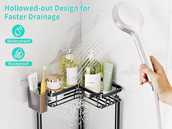 HapiRm Standing Shower Caddy Corner - 3 Tier Corner Shower Organizer with Toothbrush Holder and 12 Hooks, Large Capacity Rustproof Bathroom Shelves for Tall Bottles, Black