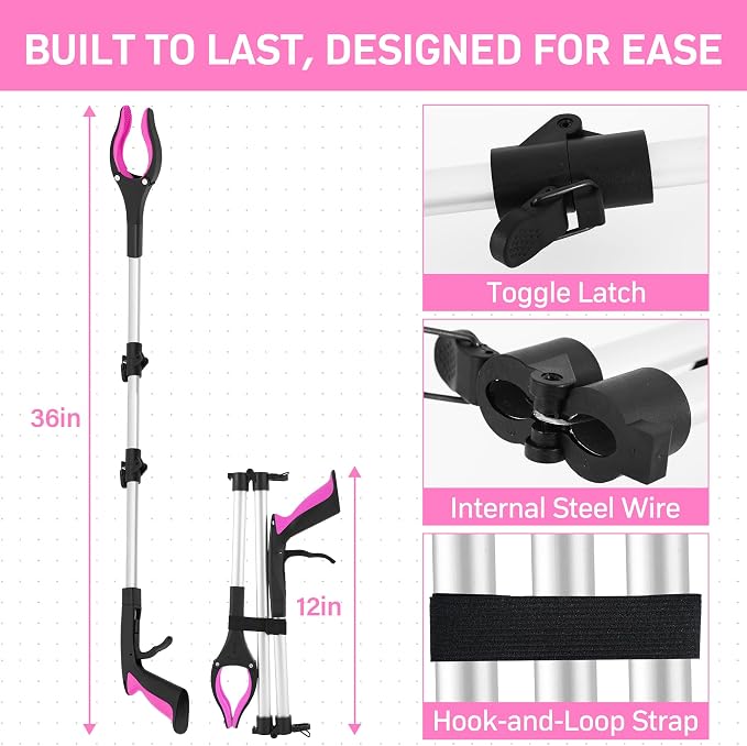 Grabber Reacher Tool for Seniors, 36" Foldable Reacher Grabbers Pickup Stick with Anti-Slip 360° Rotating Jaw, with Magnet for Disabled, After Surgery Recovery (Pink, 36inch 2pack)