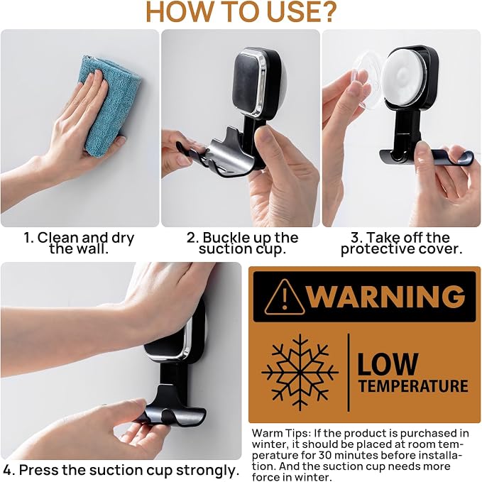 LEVERLOC Vacuum Suction Cup Razor Holder for Shower 2 Pack, Heavy Duty Shower Hooks for Towel, Loofah, Razor, Cell Phone, Damage-Free Hanging Plated Suction Cup Hooks, Easy to Install and Reuse, Black