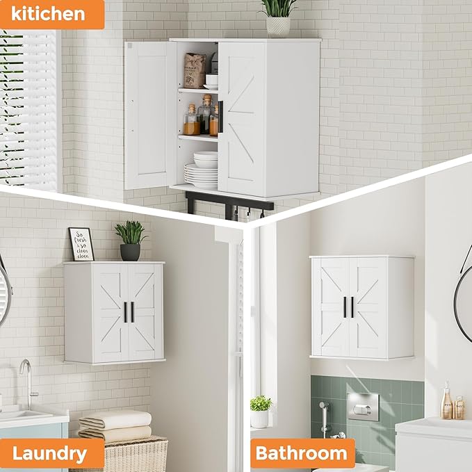 Homleke Bathroom Wall Cabinet, Over Toilet Storage Cabinet with Barn Doors and Adjustable Shelves, 3-Tier Medicine Cabinet Wall Mounted, for Bathroom, Kitchen, Entryway, Laundry Room, White, (11.8" D)