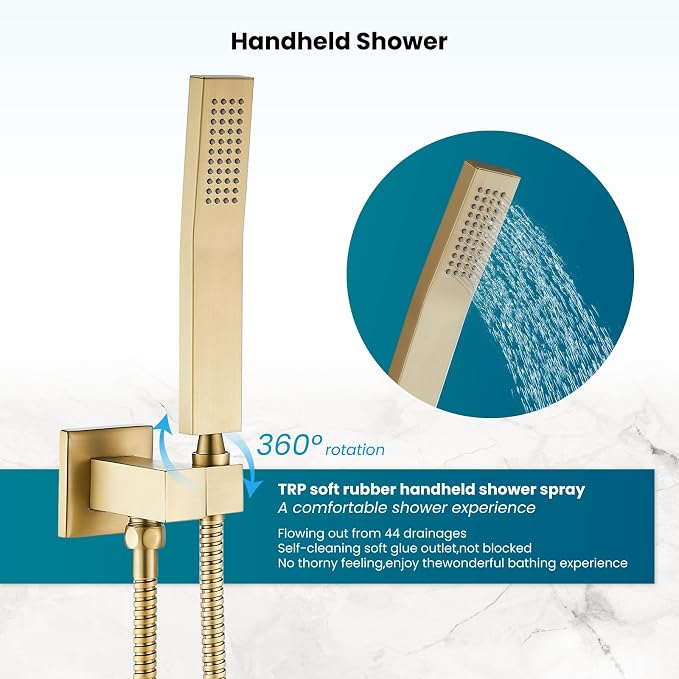 gotonovo Rainfall Bathroom Shower System Rain Shower Head and Handle Set Wall Mounted Shower Complete Combo Solid Brass Pressure Balancing Shower Mixer Valve 16 Inch Brushed Gold