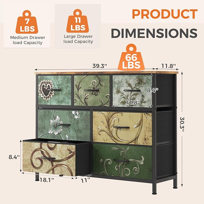 Sweetcrispy 7 Drawer Dresser, Fabric Storage Tower Organizer for Bedroom, Closet, Hallway, Entryway, Tall Chest of Drawers with Steel Frame, Wood Top, Large Storage, Floral Painted