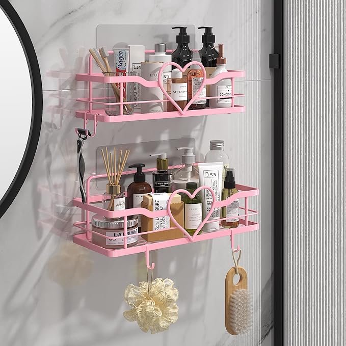Pink Shower Caddy with 4 Removable Hooks, 2 Pack Sweet Heart Shower Shelves,No Drilling Adhesive Organizer Shelf for Bathroom Shower,Kitchen,Bedroom