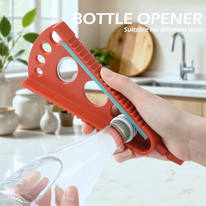 GeeRic Father's Day Jar Opener for Weak Hands & Seniors, Multi-Functional Bottle Opener Tool for Lids, Tabs, Caps, Pull Rings, 5-in-1 Can Opener Dark Red