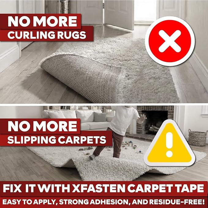 XFasten Double Sided Carpet Tape for Area Rugs, 2 Inch x 30 Yards – Heavy Duty Anti Slip Rug Grip Tape, Works as Rug Grippers, Residue Free, Wood Safe, Easy Removal for Hardwood and Laminated Floors