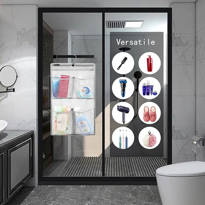 Mesh Shower Organizer Hanging Caddy Quick Dry Bathroom Storage for Toiletry Accessories with Rotating Hanger (4 Pockets)