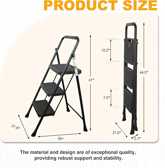Step Ladder, Portable Steel Folding Step Stool with Wide Anti-Slip Pedal & Convenient Handgrip, Sturdy Steel Ladder, 3-Step, Black