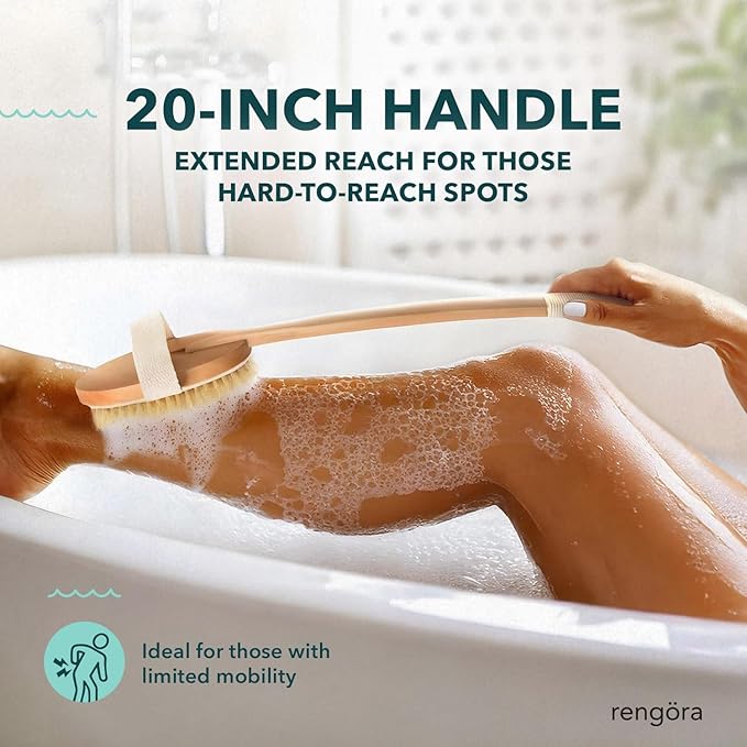 Back Scrubber for Shower - 20" Long Handle Shower Brush - Natural Bristle Back Brush - Ergonomic Handle + Silicone Anti-Slip Grip - Great Gift Idea - Men, Women + Seniors Love This (Regular Bristles)