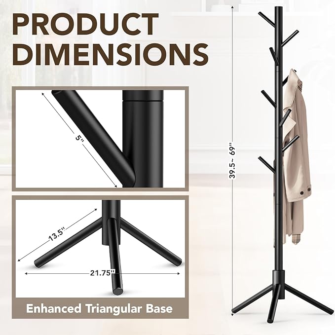Hupmad Wooden Tree Coat Rack Stand,Sturdy Freestanding Coat Rack with 8 Hooks,3 Adjustable Height for Child Adult,Wood Coat Stand Tree Fits Entryway Bedroom Office for Bags,Hats