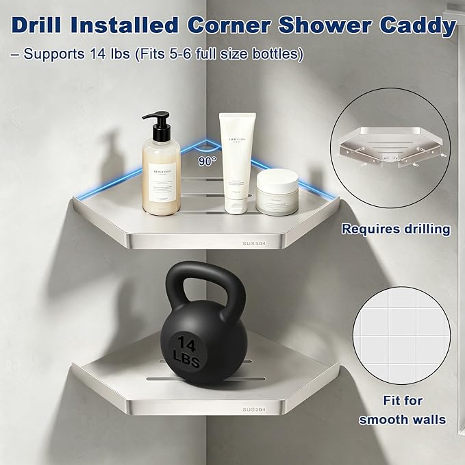NearMoon Bathroom Shower Caddy 2 Pack, 304 Stainless Steel Shower Organizer, Screw Mounted (Diamond Corner Shelf, Brushed Nickel)