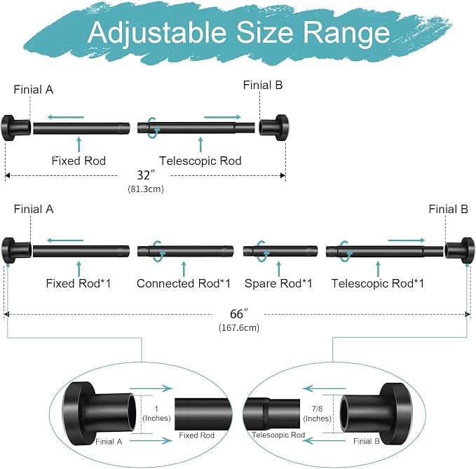 YNL Black Shower Curtain Rod 32-64 Inch(2.7-5.33ft), Non-Slip, Never Rust, Stainless Steel No Drill Spring Tension Shower Rod, Adjustable Curtain Rod for Small Window Doorway Closet