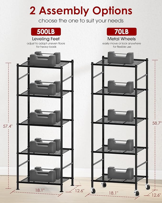 Sakugi Storage Shelves Organizer - 5 Tier Metal Shelf Organizer with Metal Wheels and Adjustable Leveling Feet, Heavy Duty Garage Shelving for Kitchen, Pantry and Closet, 18.1"x12.6"x58.7", Black