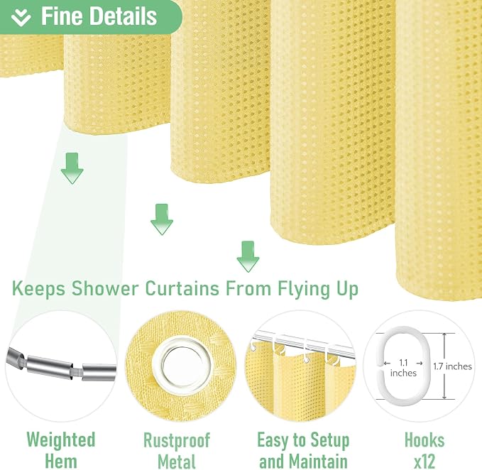 Dynamene Long Fabric Shower Curtain - 78 inch Long Waffle Weave Weighted Cloth Shower Curtains for Bathroom, Neutral Heavy Duty Hotel Spa Luxury Bath Curtain Set with 12 Hooks, 72x78, Yellow