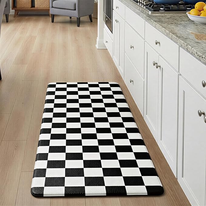 Black Checkered Grid Checkerboard Kitchen Rug, Anti-Fatigue, Waterproof Non-Slip Kitchen Mats Heavy Duty Ergonomic Comfort Foam Rug for Floor, Home, Laundry,17.3"x47"