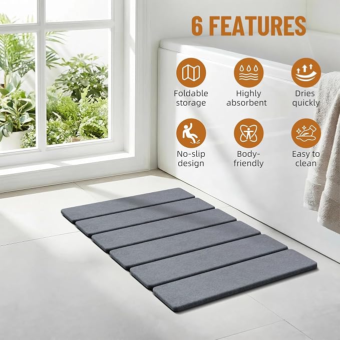 Luxspire Stone Bath Mat Foldable, Quick Drying Diatomaceous Earth Bath Mat for Bathroom, Large Bathroom Rug with Non-Slip Rubber Base, Easy Clean Accessories Outside Shower, 24 x 16 in, Dark Gray