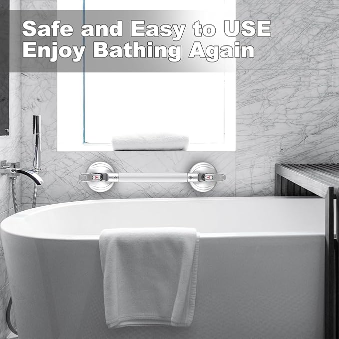 19-Inch Shower Handle - Upgraded Grab Bar with Strong Suction Cups for Bathtub & Shower Safety, Ideal for Seniors, Elderly, Disabled，Silver