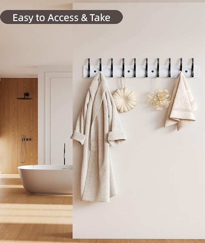 Optish 1 Pack Wooden Coat Rack Wall Mount, 16.1" Rustic Coat Hanger Hooks with 5 Double Hooks, Wall Coat Rack for Hat, Clothes, Bags, Jacket, White