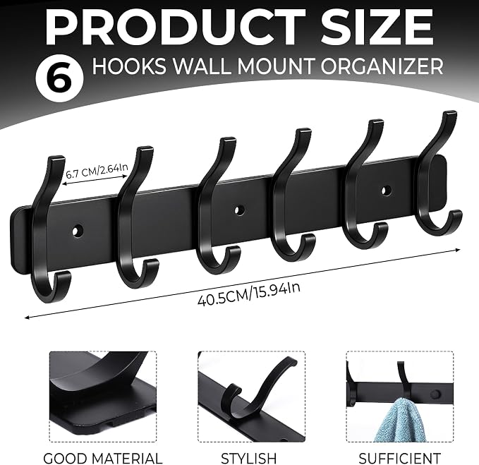 Dntorx Coat Rack Wall Mount, 1 Pack Coat Hooks Hanger Wall Double Hook Rack Rail Towel Hat Rack Entryway Bathroom Hanger Organizer for Robes, Clothes, Bags, Hat(Black)