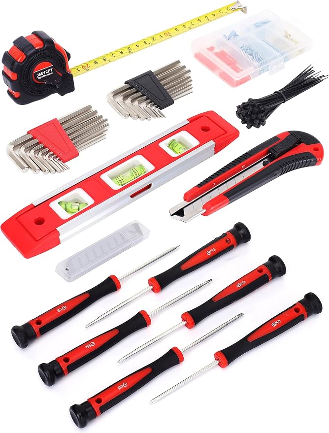 FASTPRO 215-Piece Home Repairing Tool Set with 12-Inch Wide Mouth Open Storage Bag, Household Hand Tool Kit,Red