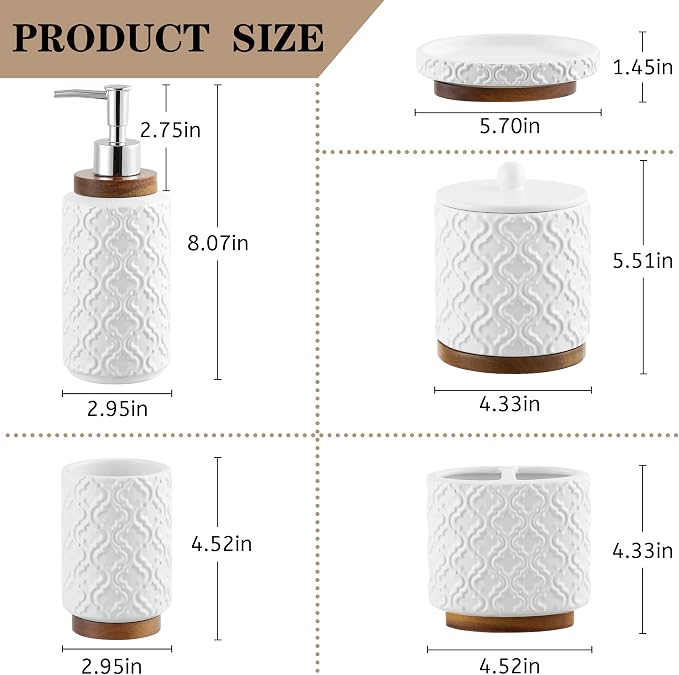 RQYIXI Elegant 5 PCS Ceramic&Wood Bathroom Accessories Set:Soap Dispenser,Toothbrush Holder,Tumbler,Soap Dish,Cotton Swab Jar,Easy to Clean,Quatrefoil Pattern,White-Affordable Home Luxury