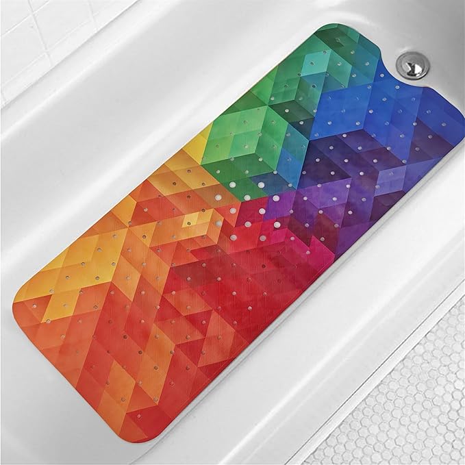 Bathtub Mat Non Slip 40x16 Inch Extra Long Bath Mat, Rainbow Shower Mat Non Slip Bath Mat for Tub Anti Slip with Large Drain Holes and Suction Cups, Modern Art Design Bathroom Mat for Bathroom Decor