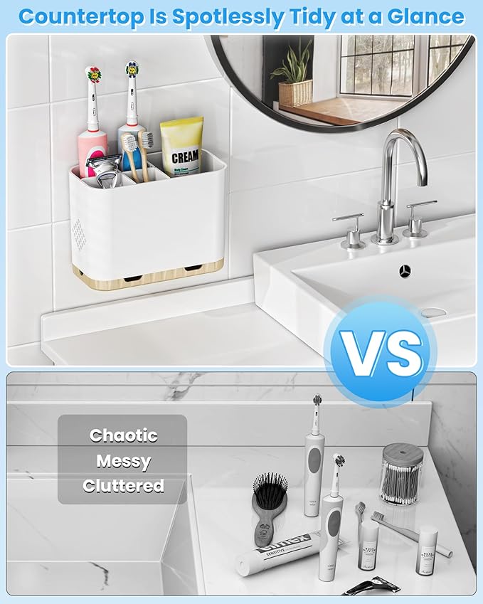 Toothbrush and Toothpaste Holders for Bathrooms Countertop - Detachable 5 Slots Kids Electric Toothbrush Holders Set Wall Mounted with Removable Dividers for Bathroom Decor and Accessories Organizer